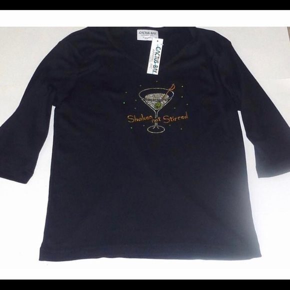 CACTUS BAY  Black Tee shirt "Shaken Not Stirred" Rhinestones Size M - Picture 5 of 6
